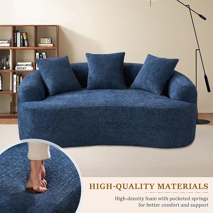 65'' Modern Curved Cloud Loveseat Sectional Sofa for Small Spaces, Luxury Plush Chenille Deep Seat Couch with 3 Pillows, No Assembly Needed Apartment Living Room Furniture, Blue