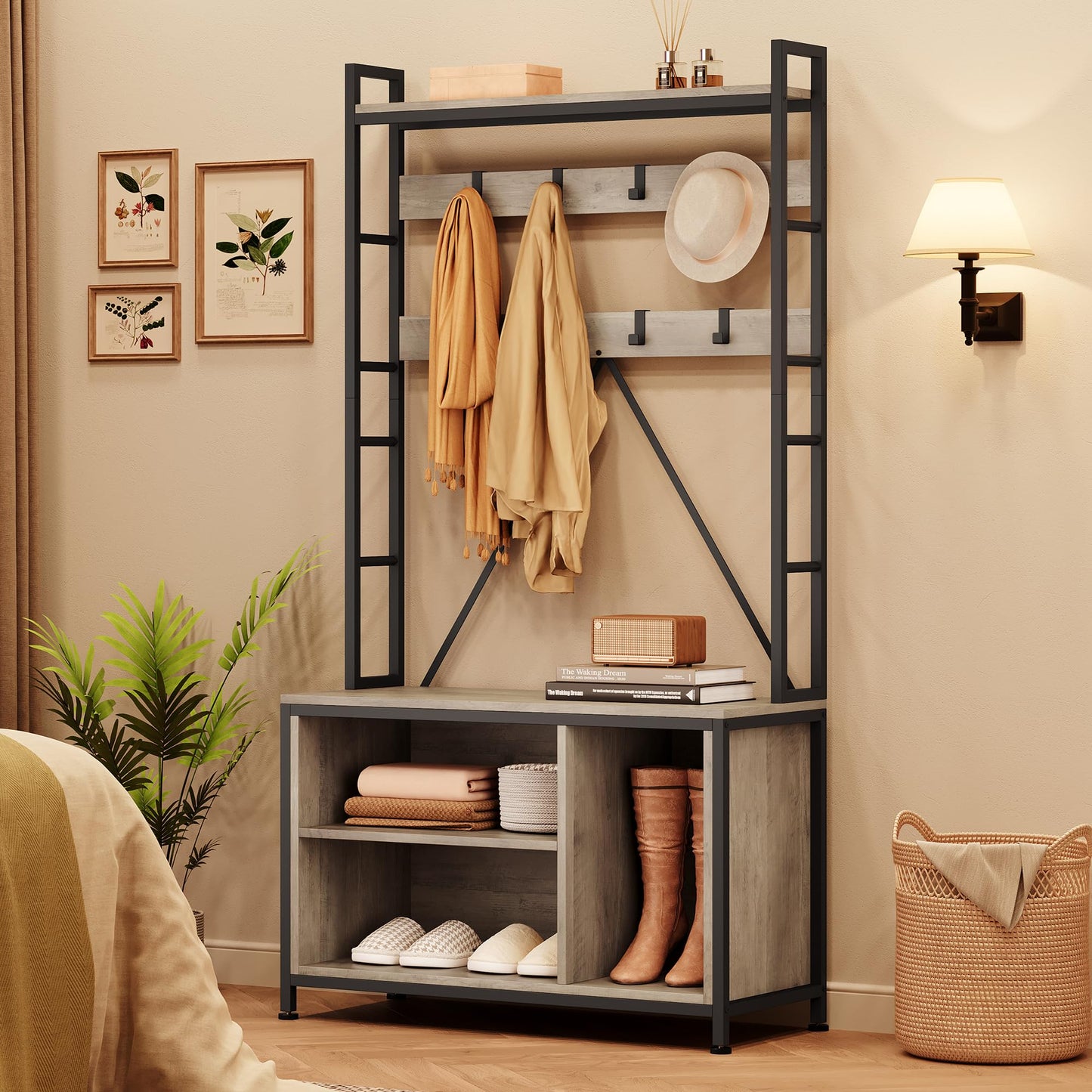 IDEALHOUSE Hall Tree with Bench Coat Rack Shoe Bench Industrial Coat Tree with Storage Cubbies Entryway Coat Rack with Shoe Storage