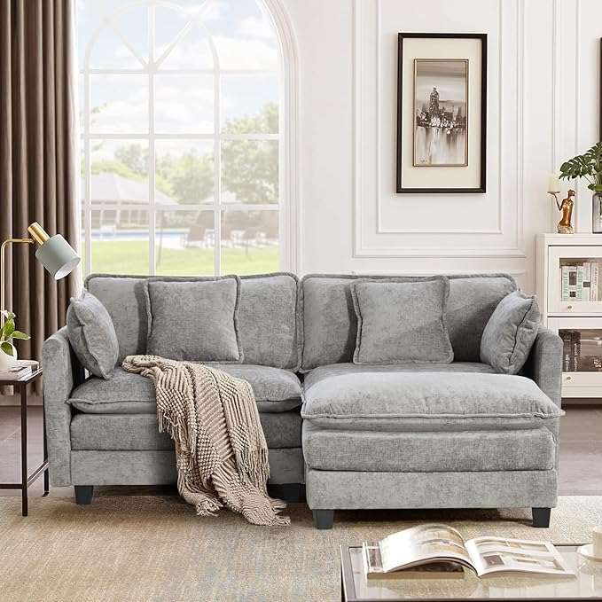 SoarFlash Chenille 77.95" Sectional Sofa, Comfy L Shaped Modular Coush Sofa with Ottoman, Modern 2 Seat Couch Deep Seat Sofa Set for Living Room,Grey