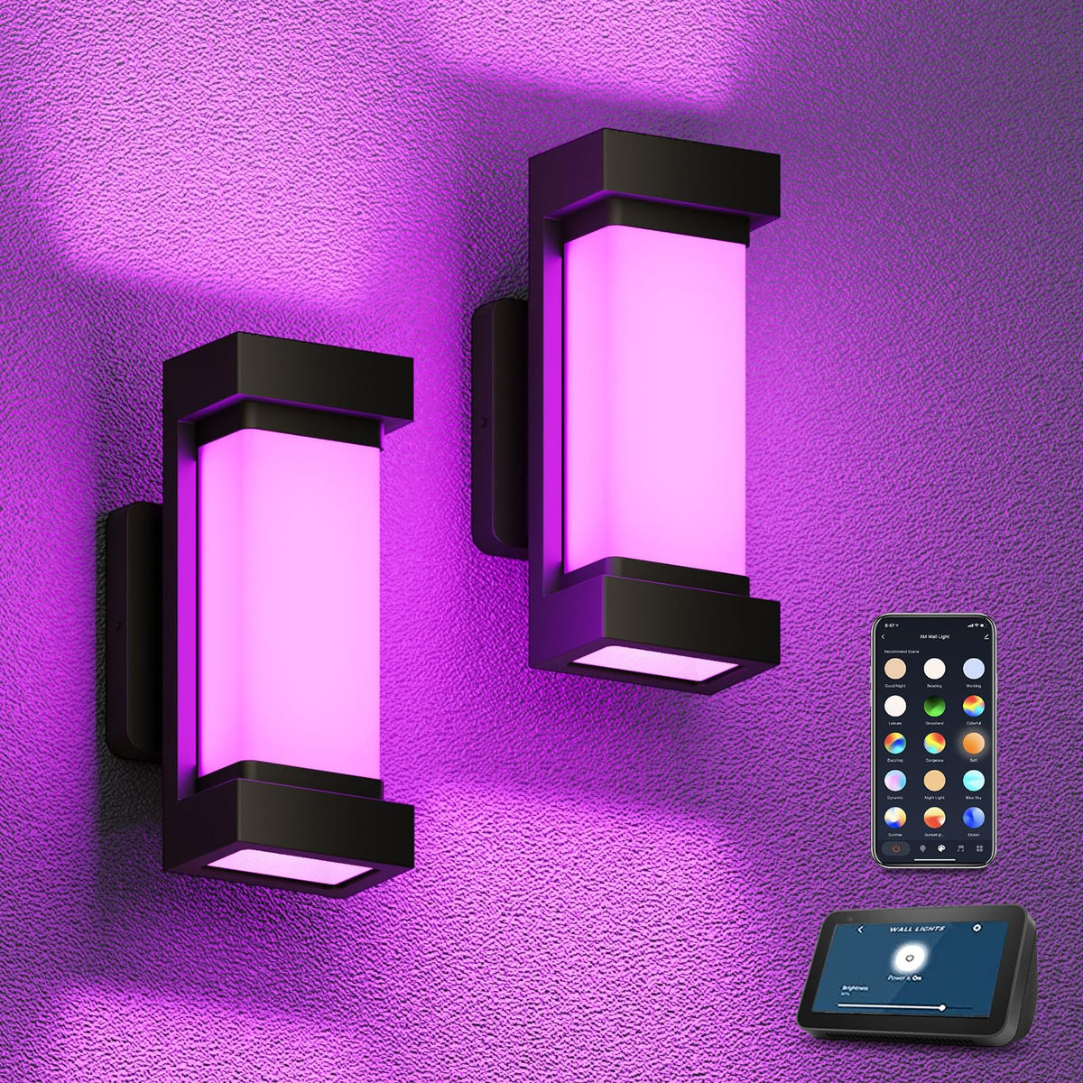 XMCOSY+ Outdoor Wall Lights, 2100LM Smart LED Porch Lights Outdoor, RGBCW Exterior Lighting Sconce, Wi-Fi Control, Compatible with Alexa, IP65 Waterproof, 2 Pack