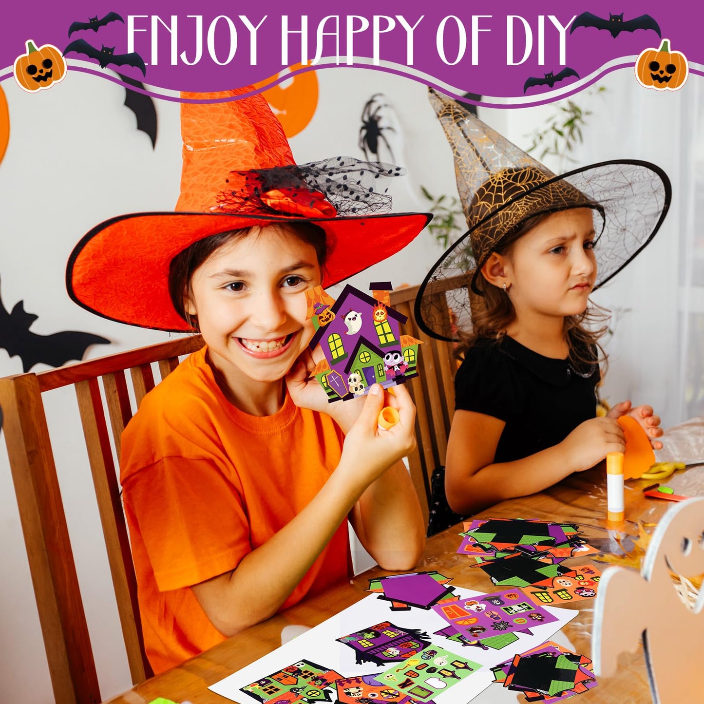Pajean 48 Packs Halloween Craft Kits for Kids Halloween Haunted House Craft Kit Make Your Own Haunted House Stickers for Classroom Favors Activities