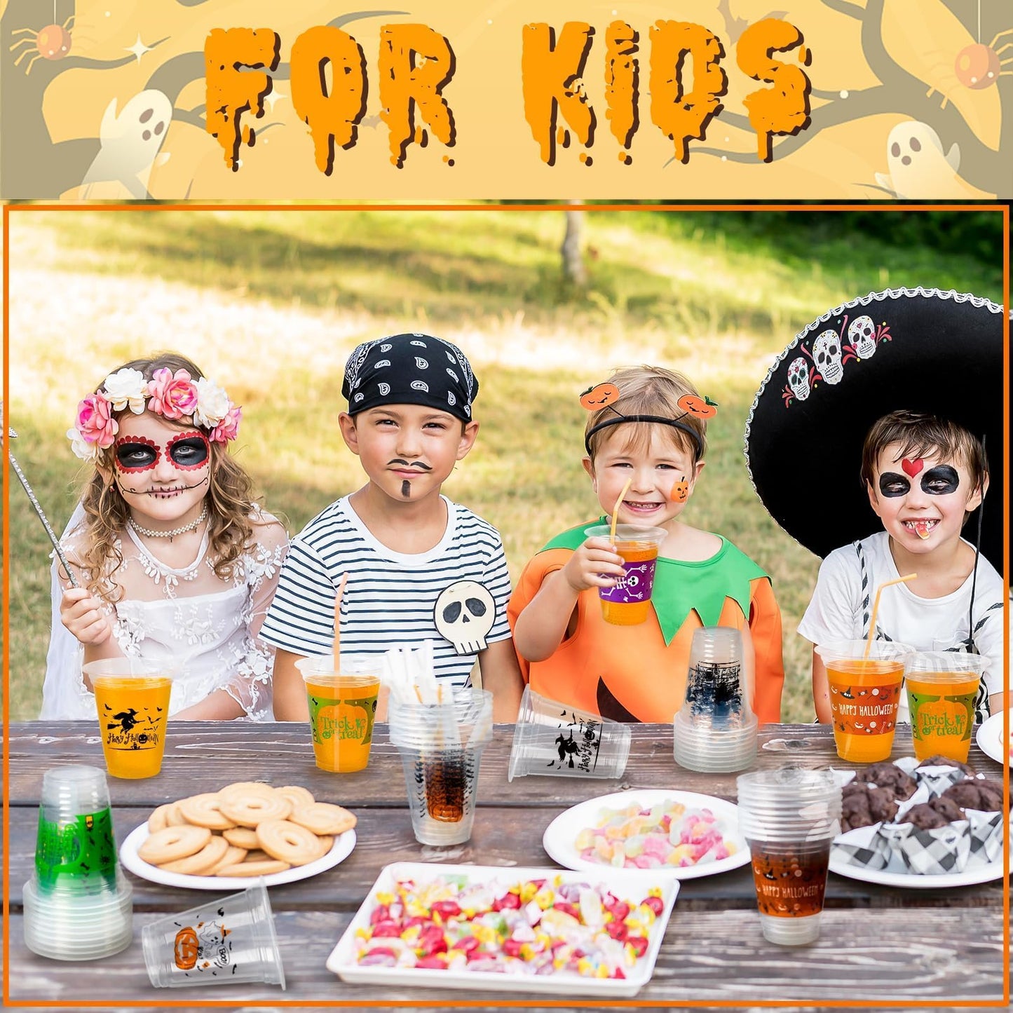 GuassLee 50 Pack Disposable Halloween Cups - Clear 12Oz Disposable Plastic Cups Set with 5 Styles Patterns for Kids Adults Halloween Party Favors Coffee Wine Hot Cold Drinks