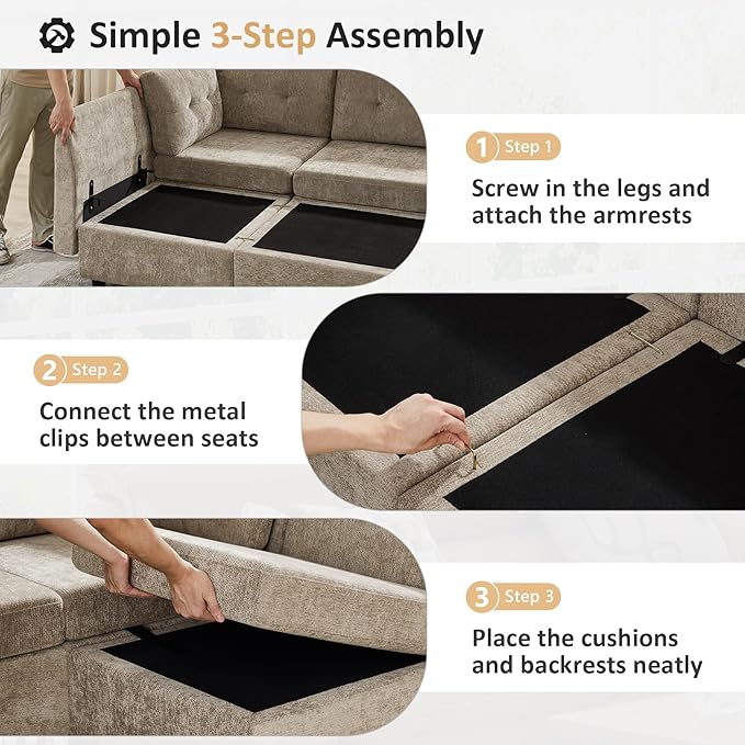 VANOMi 118" Modular Cloud Sofa with Ottoman, 4 Seater Modular Sectional Sofas & Couches for Living Room, Cozy Chenille Cloud Sectional Couch Sofas for Living Room, Apartment, Office, Camel, L Shaped