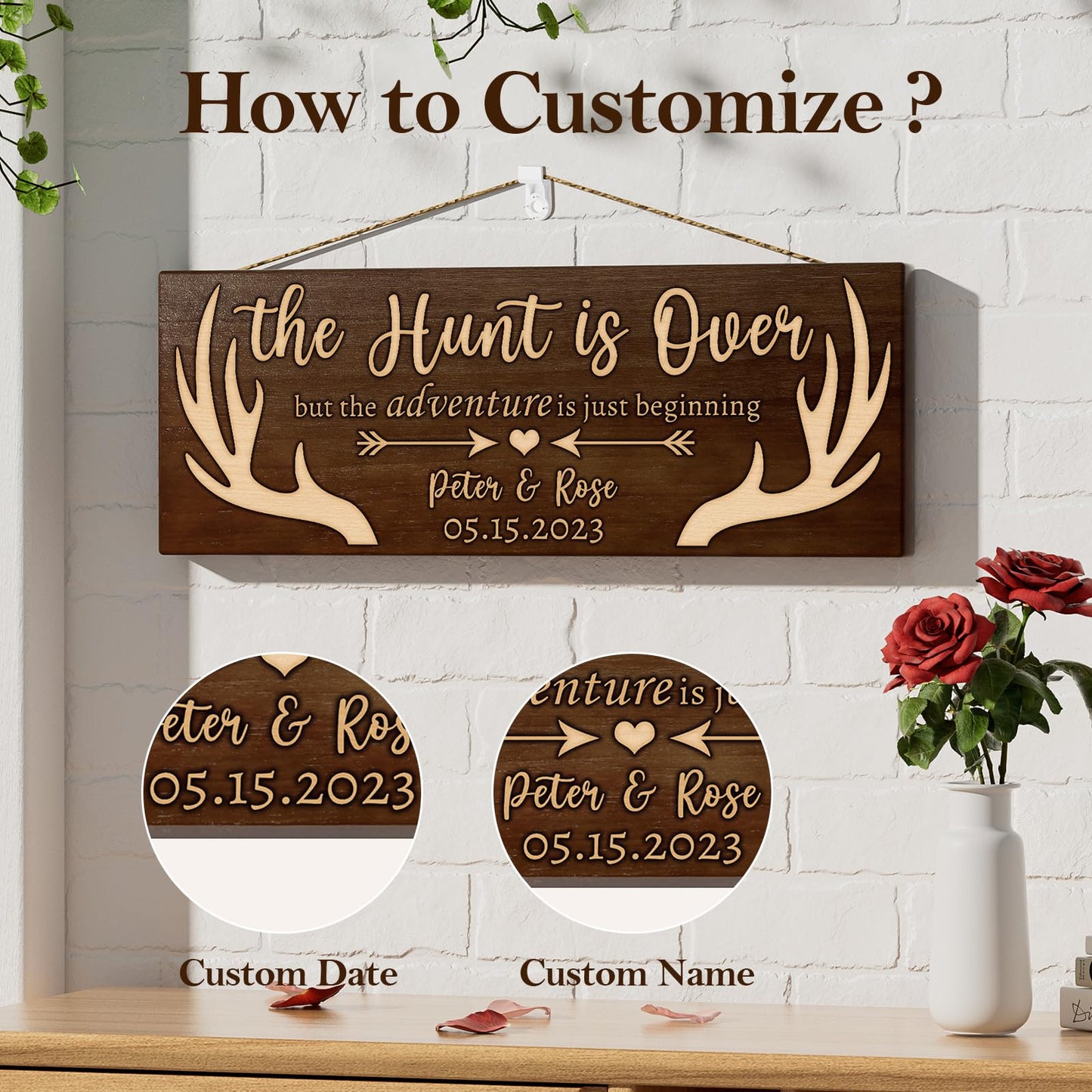 Bemaystar Personalized Name Deer Antlers Wedding Gift-Custom Date/Name Wooden Signs, The Hunt is Over,For Unique Anniversary Keepsakes, Wedding Gifts For Couple, Bridal Shower Gifts,15" x 6"