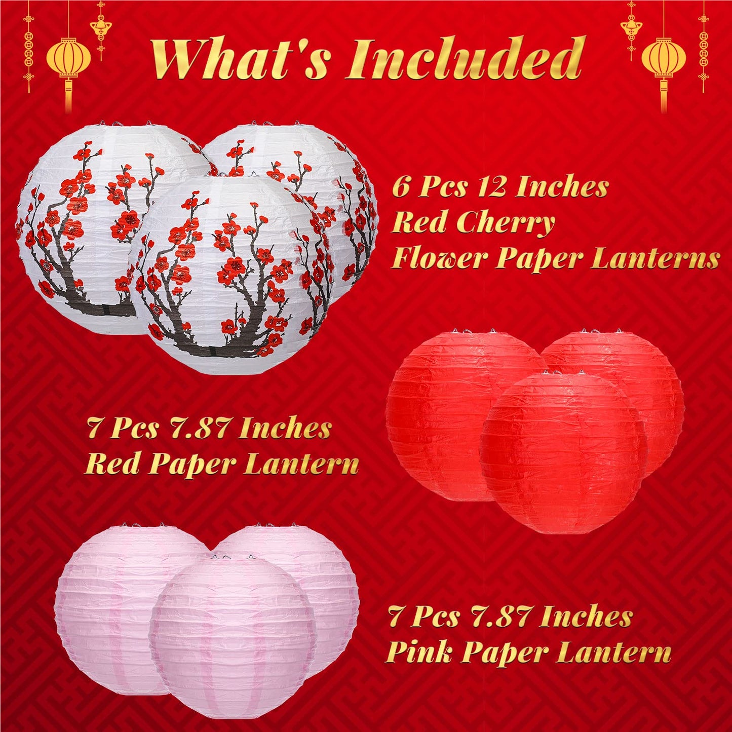 Mudder 20 Pieces Chinese Japanese Paper Lanterns Chinese New Year Decorations Includes Cherry Paper Lanterns for Hibachi Party Restaurant Wedding Decor(Red White and Pink,Modern Style)