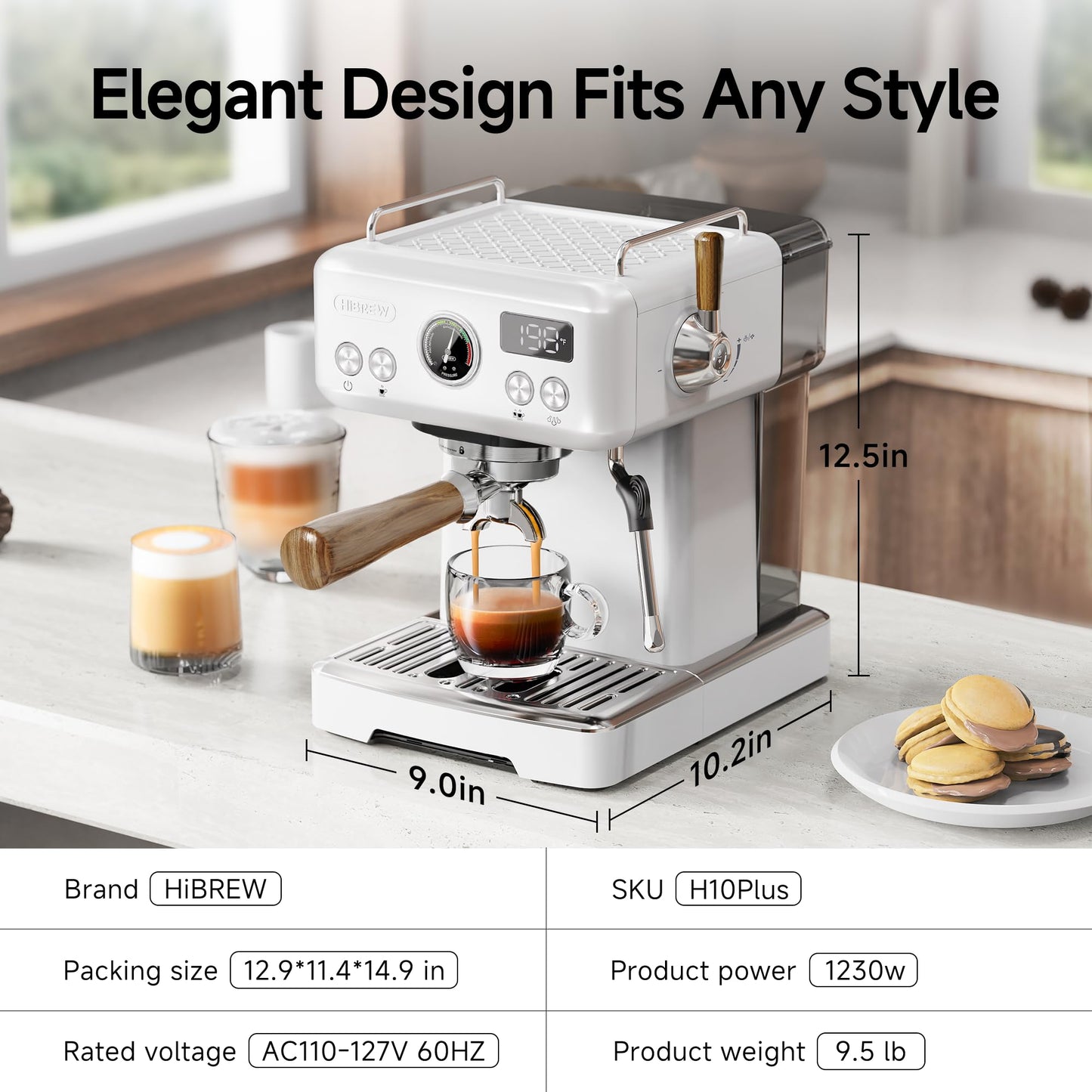 HIBREW H10Plus - Programmable Espresso Machine - 58mm Portafilter in Stainless Steel - Temperature & Cup Volume Adjustable at will - With Intelligent Display Screen & Pressure Gauge.