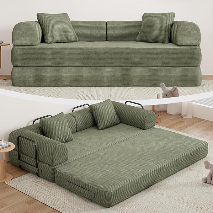 77" Convertible Sofa Bed, Modular Folding Futon Corduroy Floor Foam Compressed Loveseat Sleeper Sofa Couch, Pull Out Queen Size Couch Bed with 2 Pillows for Living Room Guest Room Studio, Light Green