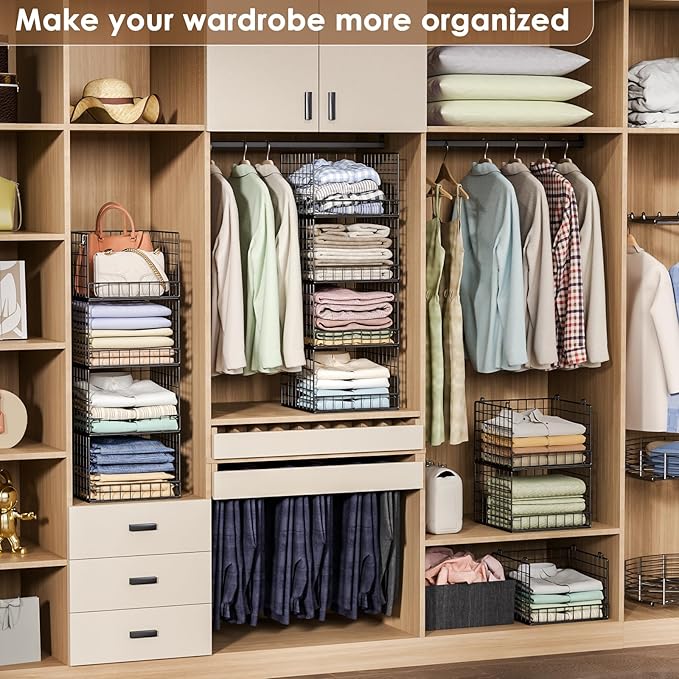 Stackable Closet Organizers and Storage Baskets, 4-Tier Closet Shelf Organizer for Small Space, Space-Saving Clothes Storage Drawer, Foldable Clothes Storage Bins for Closet Organizer System, Black