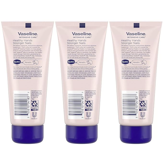 Vaseline Lotion, Healthy Hands Stronger Nails with Keratin 3-Pack – Intensive Care Hand Lotion with Petroleum Jelly, 3.4 Oz Ea