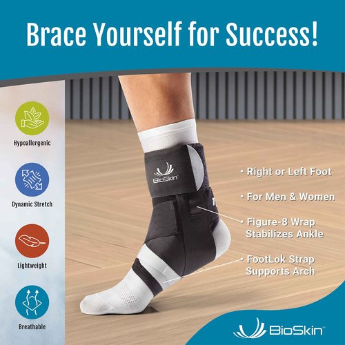 BioSkin TriLok Ankle Brace with Massage Ball - Ankle Brace for Women & Men, Sprained Ankle, Plantar Fasciitis Relief, Foot Arch Support, Peroneal Tendonitis Relief, & PTTD Support