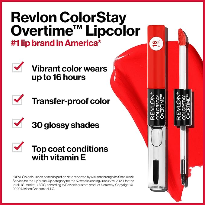 Revlon Liquid Lipstick with Clear Lip Gloss, ColorStay Overtime Lipcolor, Stocking Stuffer for Women, 480 Unending Red, 0.07 fl oz