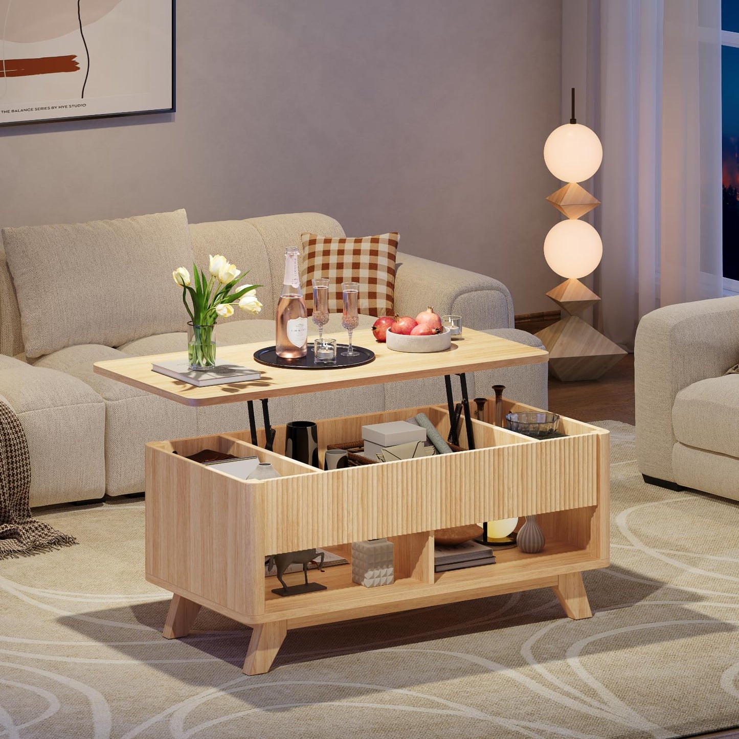 ONBRILL Farmhouse Lift Top Coffee Table, Mid Century Modern Coffee Table with Hidden Storage Compartment, Fluted Rising Pull up Wood Modern Center for Living Room, Office, Natural Oak