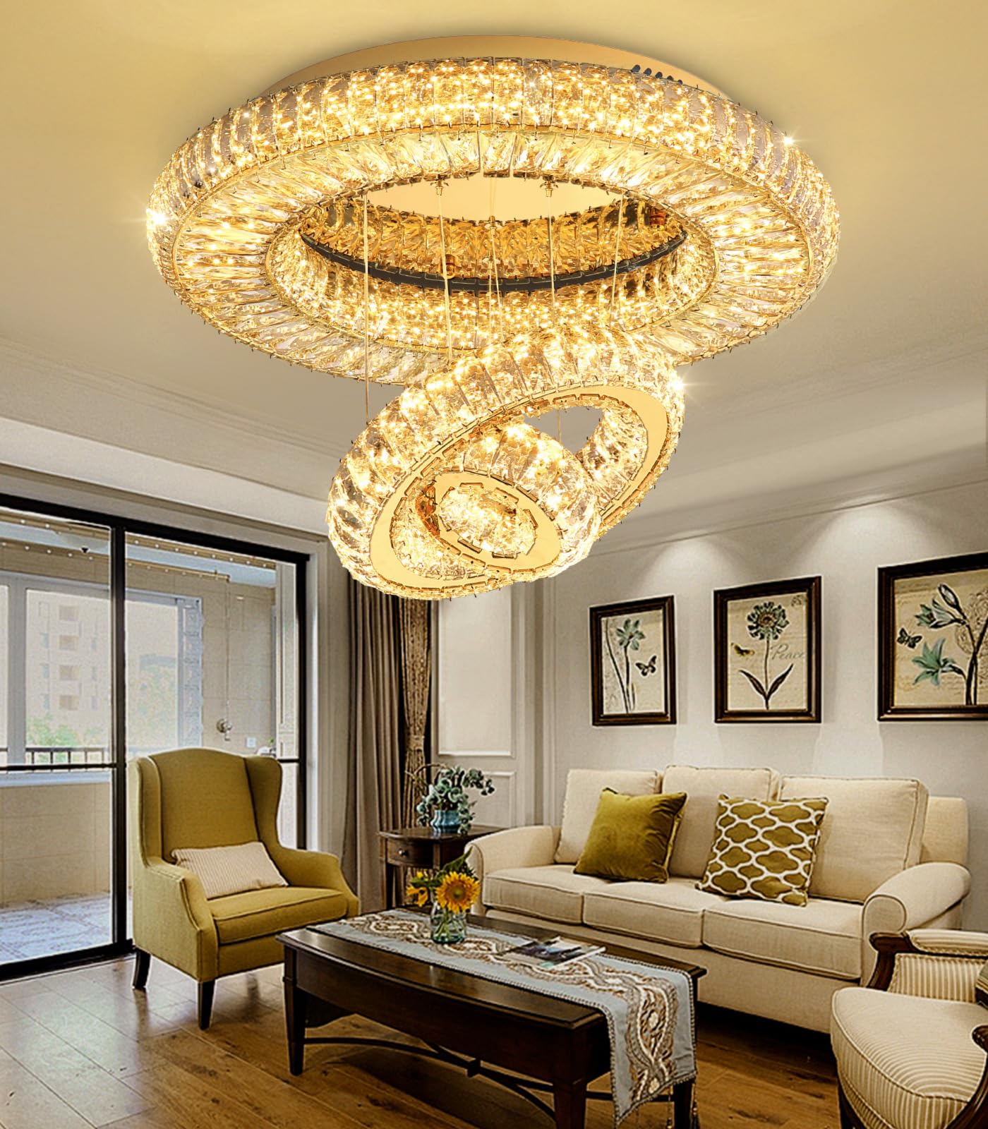24'' Modern Crystal Chandeliers for Living Room LED Dimmable Ceiling Light Fixtures for Flush Mount Light for Bedrooms Foyer Hallway Entryway Gold