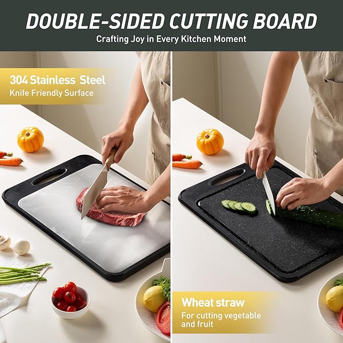 Stainless Steel Cutting Board, Best Non Toxic Cutting Boards for Kitchen, Double Sided Metal Chopping Board for Meat/Vegetables, Stainless Steel/Wheat Straw PP, Kitchen Gifts Easy to Clean 16”×11”
