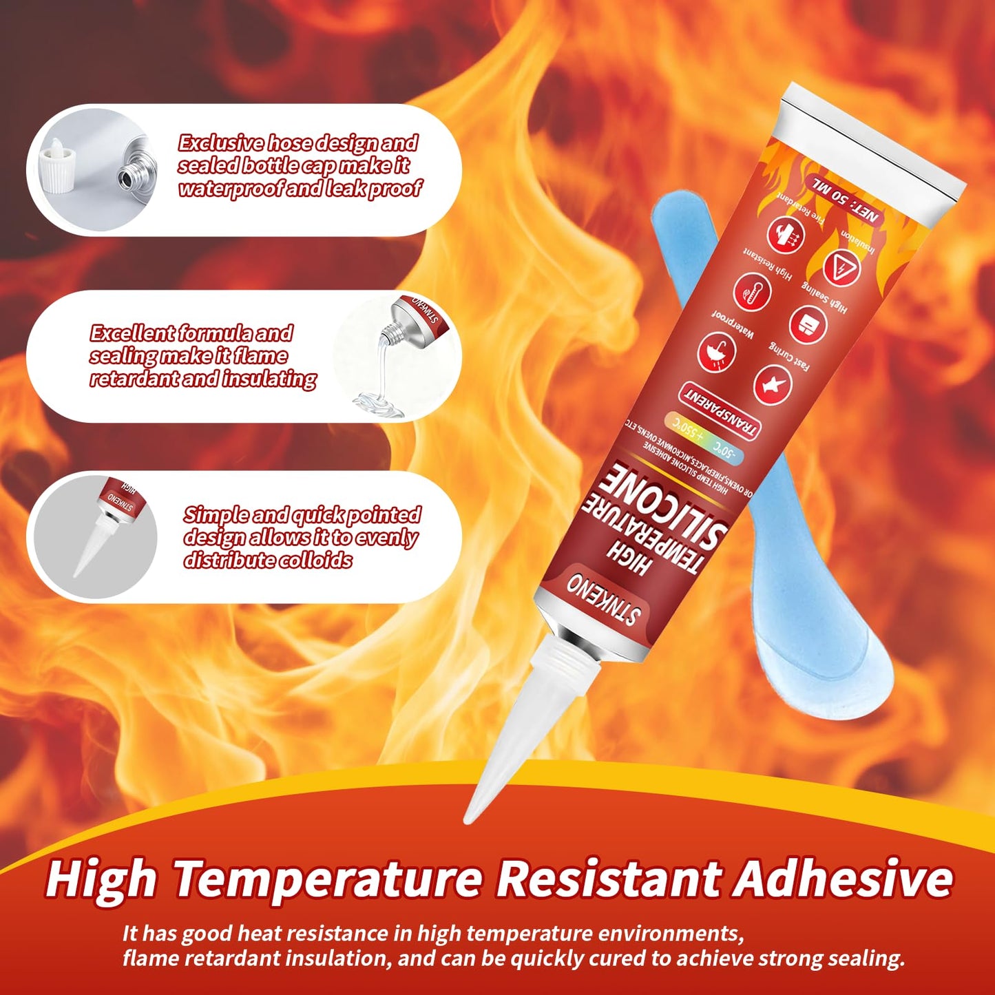 Stnkeno High Temp Silicone Sealant, High Temperature Adhesive, Heat Resistant Glue, Insulation and Waterproof Quick Drying Silicone Adhesive for Ovens Fireplace Microwave, Transparent, 2 Pack, 3.53 OZ