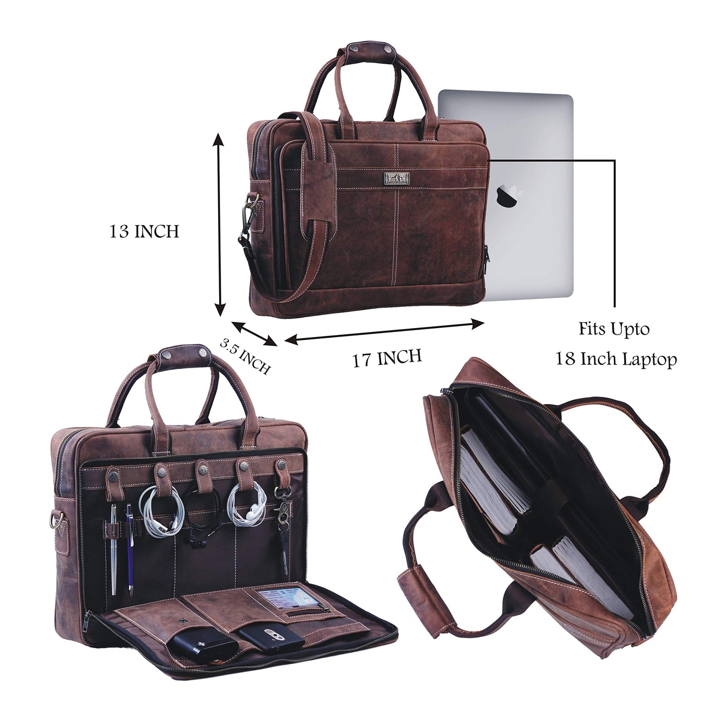 18 Inch Genuine Leather Briefcase for Men and Women, Vintage Messenger Bag, Large Laptop Shoulder Satchel, Professional Business Office Work Bag with Luggage Strap, Handcrafted, Dark Brown