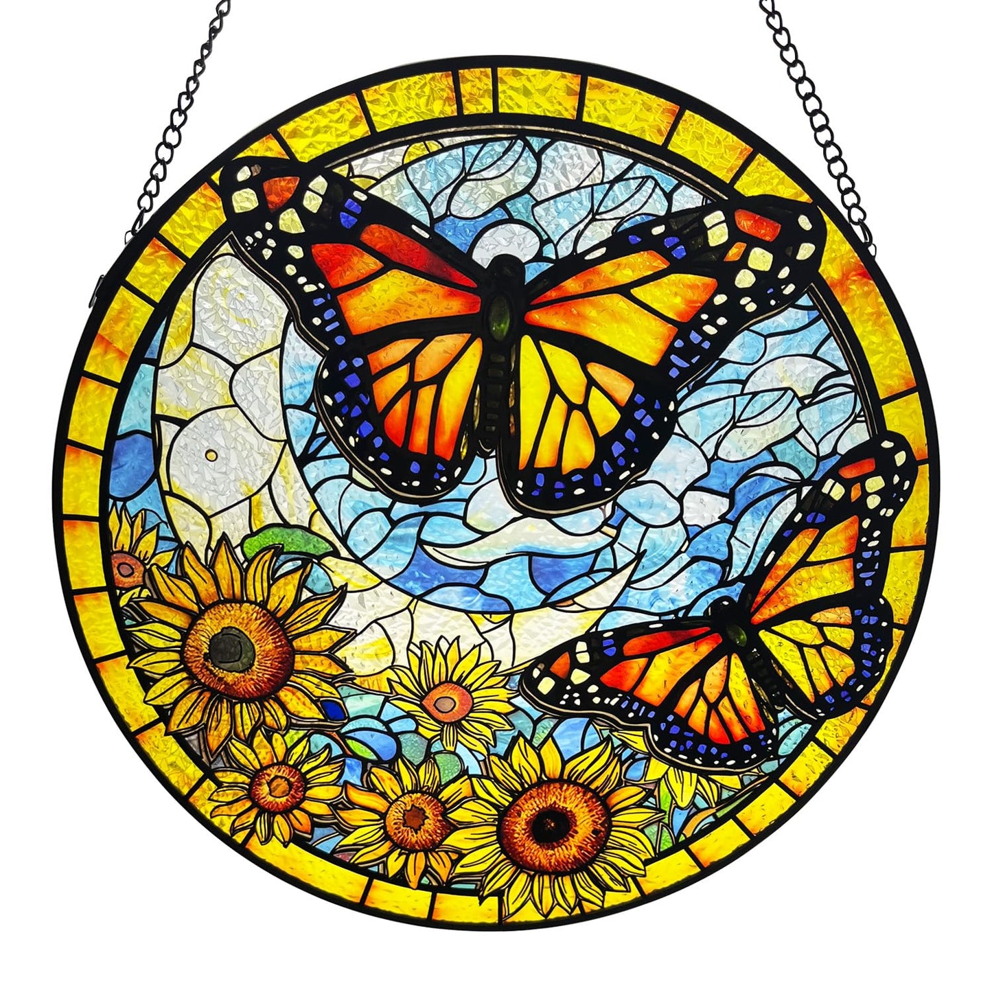 Sunflower Stained Glass Window Hanging, 9.84'' Sunflower Butterfly Stained Glass Panel, Butterfly Glass Suncatcher for Valentine's Day Mother's Day