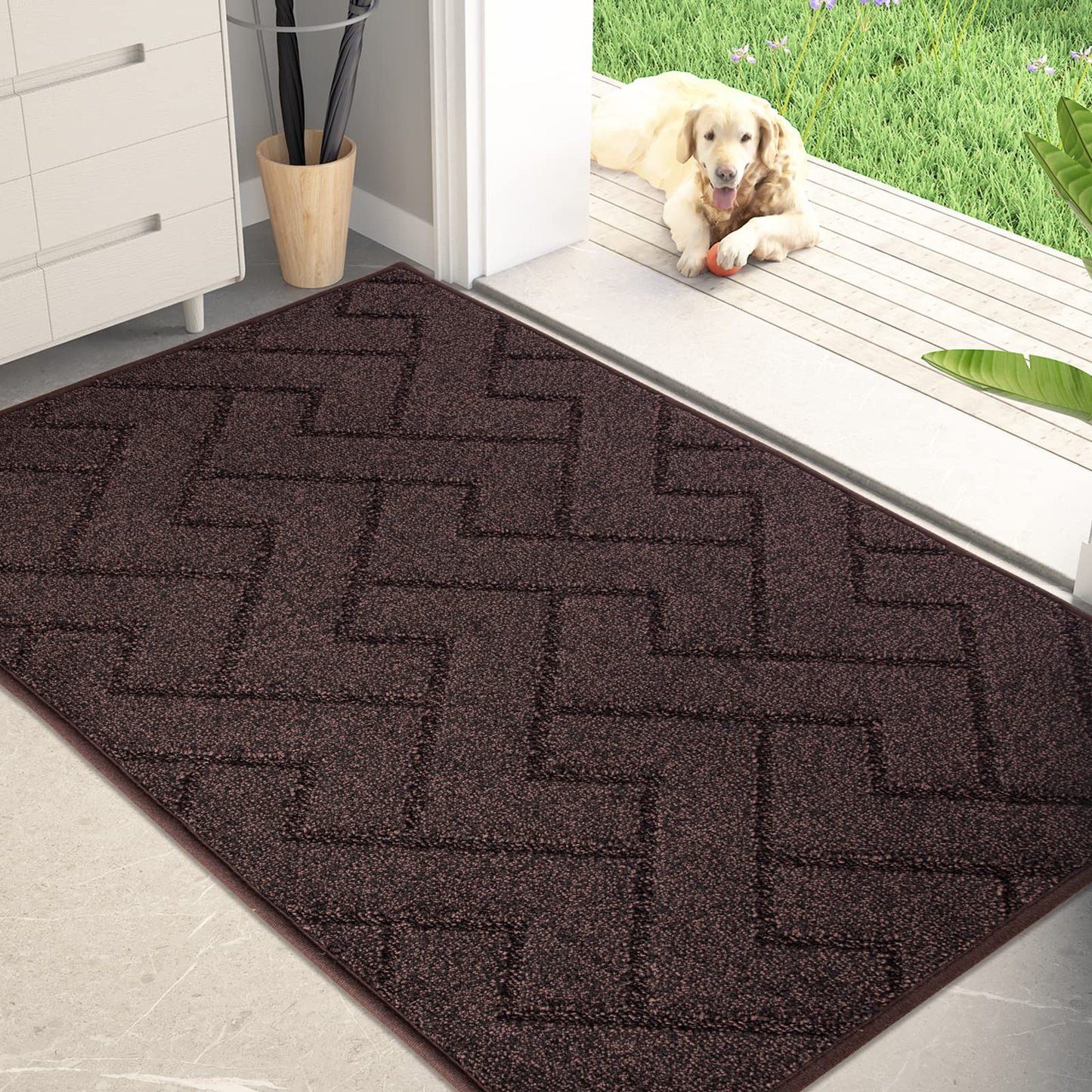 PURRUGS Dirt Trapper Door Mat 32" x 47", Non-Slip Machine Washable Entry Rug, Shoe Scraper, Dog Doormat, Super Absorbent Welcome Mat for Front & Back Door, Muddy Wet Shoes & Paws, Brown
