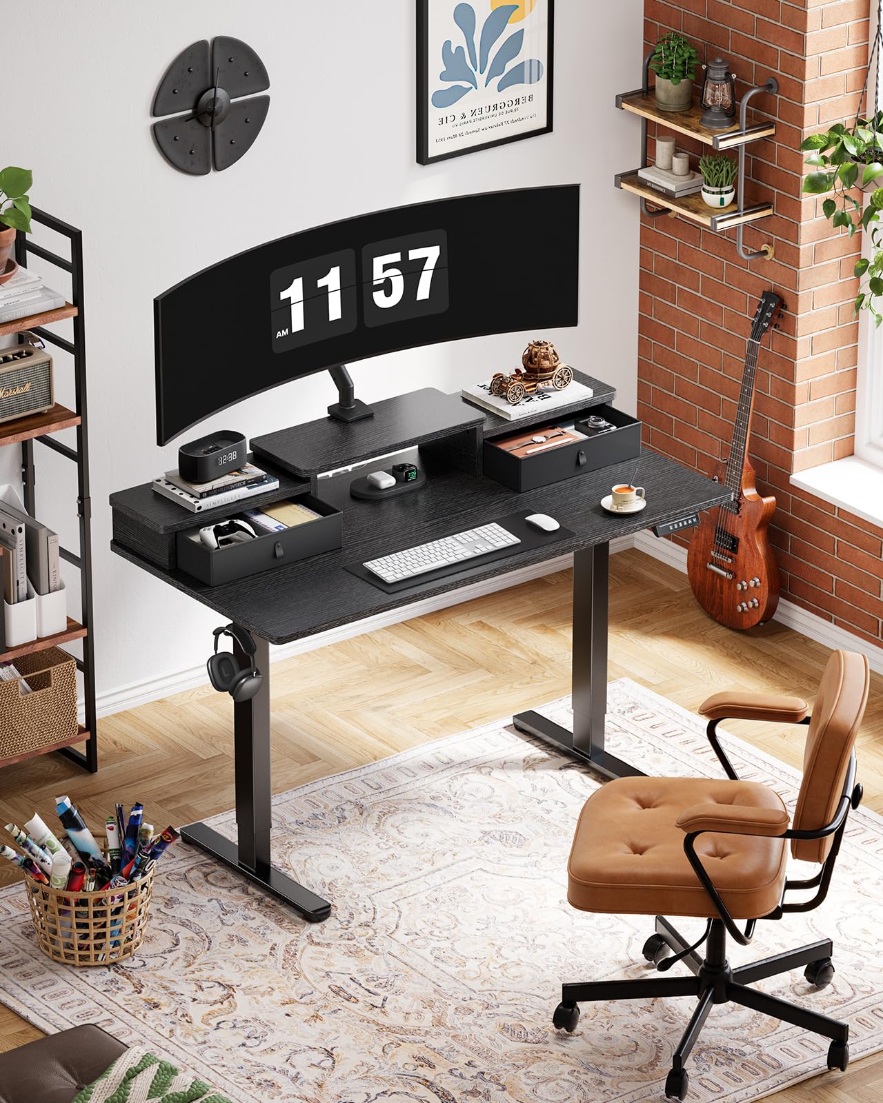 Marsail 55″ x 28″ Electric Standing Desk with Drawers, Height Adjustable Sit Stand Up Desk with Storage Shelf, Ergonomic Home Office & Computer Table with 4 Memory Heights, Black