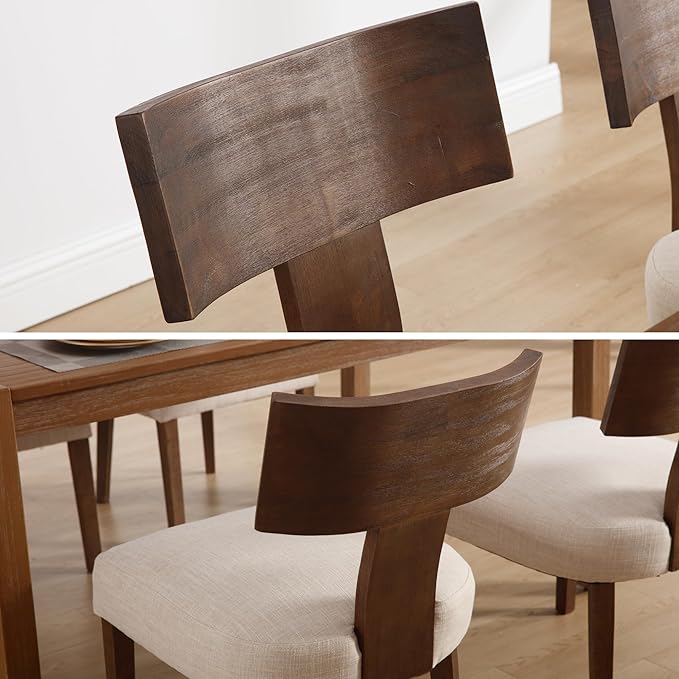 DM Furniture Farmhouse Kitchen Table Chairs Set of 6, Linen Fabric Upholstered Dining Chairs with Wooden Legs, Comfy Armless Dining Room Side Chairs with Backrest, Beige-Dark Brown Legs