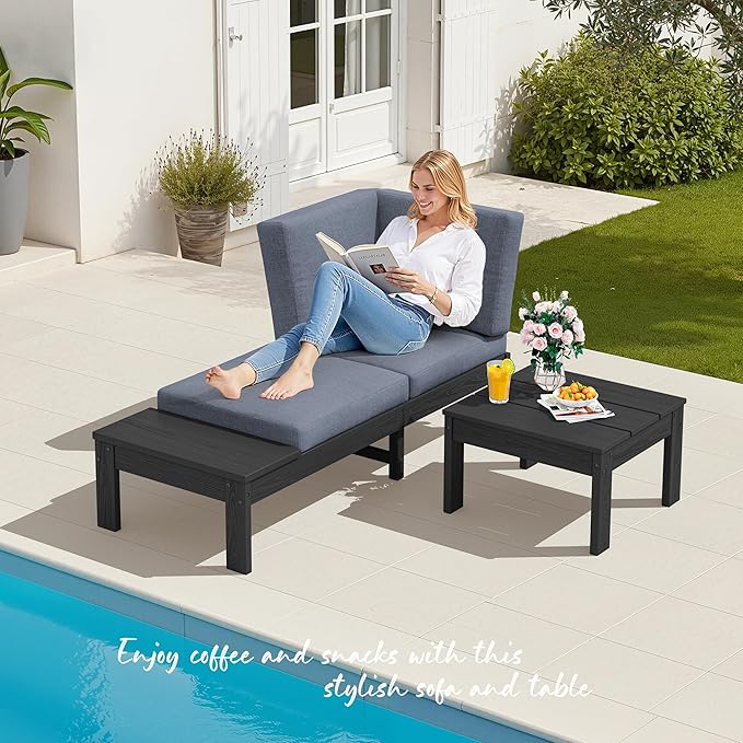 SERWALL HDPE Outdoor Furniture Set, 2 Seats Outdoor Sectional with Coffee Table, All Weather Patio Sofas, Outdoor Conversation Sets with Adjustable Backrest Sofa for Backyard, Garden, Black with Grey