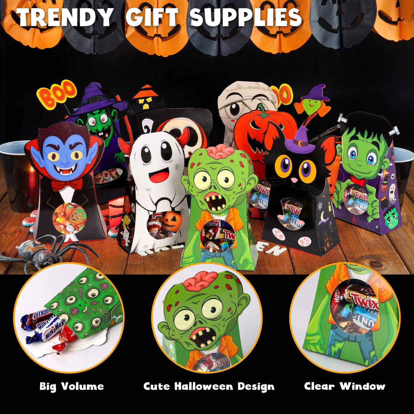 Giiffu 54 PCS Halloween Treat Boxes, Candy Goodie Bags with Window - 9 Designs for Kids Party Favors, Classroom Exchange, Trick or Treat Supplies