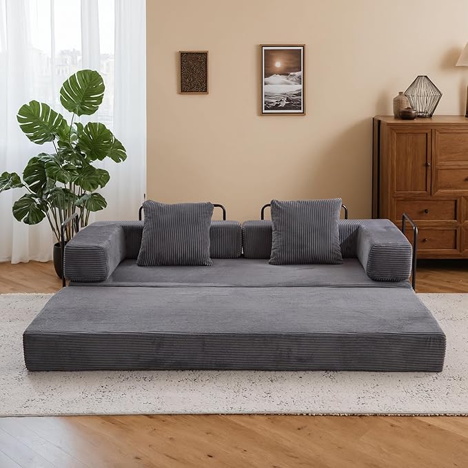 Convertible Couch Sofa Bed Foldable Floor Sleeper | Modern Fold Out Couch | Removable Backrest & Armrests | No Assembly Compression Sofa Sleeper for Living Room, Bedroom | Corduroy Fabric Gray