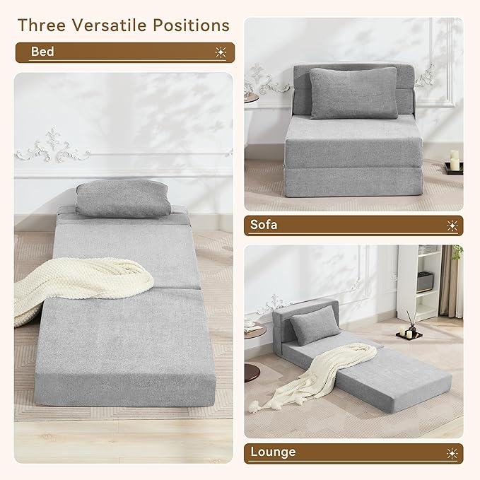 WUTUTUEE Folding Sofa Bed Convertible Floor Couch Foldable Chair Bed with Pillow，Linen Sleeper Chair Futon,Foldable Memory Foam Mattress for Bedroom/Living Room/Dorm/Office (Light Grey, Single)