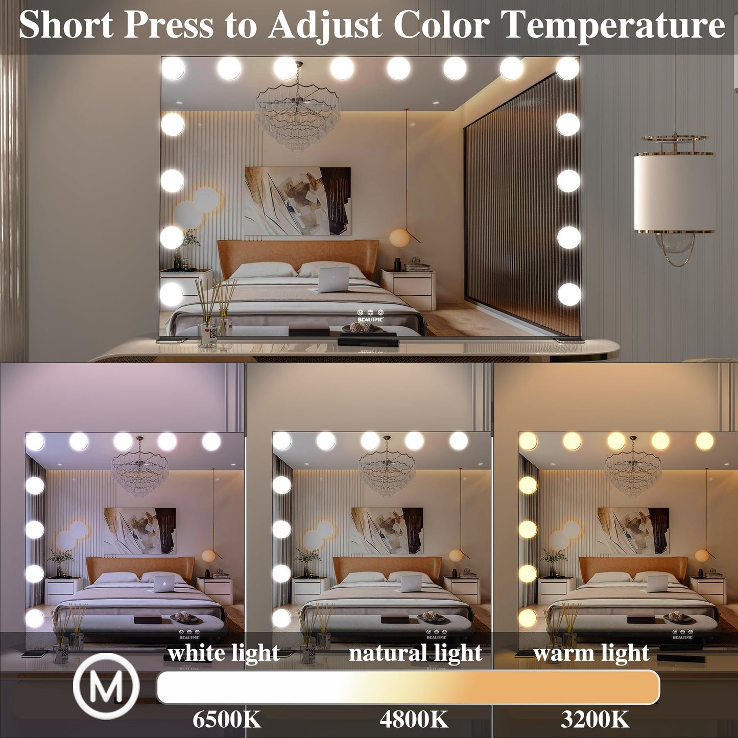 BEAUTME Large Vanity Mirror with Lights, 35.9''×24.3'' Hollywood Makeup Mirror with 16 Dimming LED Bulbs, 3 Lighting Modes, Touch Control, Tabletop or Wall Mounted, Black