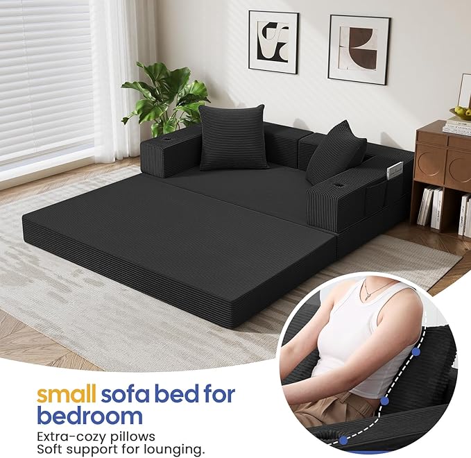 COMAX Futon Sofa Bed, 4‑in‑1 Convertible Sofa Bed, Folding Boneless Couches for Living Room, Fold Out Small Foldable Loveseat Floor Sleeper Comfy Mattress Lounge Space‑Saving, Black