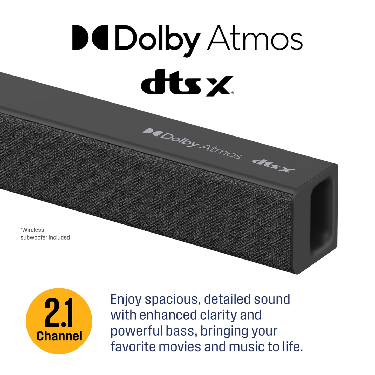 Westinghouse 2.1 Channel Soundbar with Wireless Subwoofer, DTS:X and Dolby Atmos, 120W RMS & 240W Max Output, for Smart TV, Home Theater Audio, HDMI/eArc, Bluetooth, Roku TV Ready