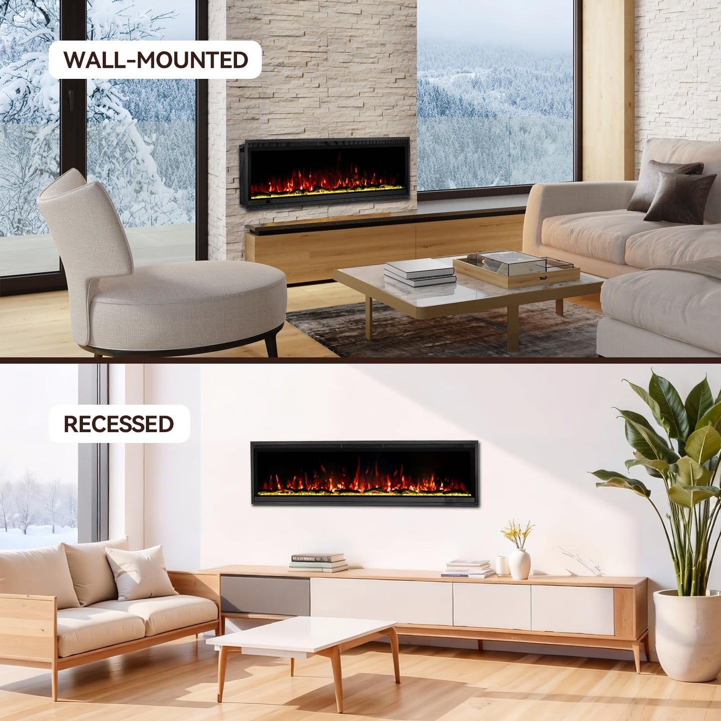 Kukoofyer 40" Electric Fireplace, Ultra-Narrow Bezel Recessed & Wall Mounted Fireplace Heater, Adjustable Color Flame, Linear Fireplace, Timer, Touch Screen, Remote Control, Log & Crystal, 750/1500W
