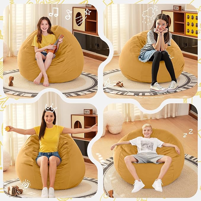 HABUTWAY 2FT Bean Bag Chair, 2' Beanbags Small Bean Bag Chairs with Filling, Teardrop Bean Bag Chair Luxurious Velvet Ultra Soft Fur with Removable Cover(Mustard)