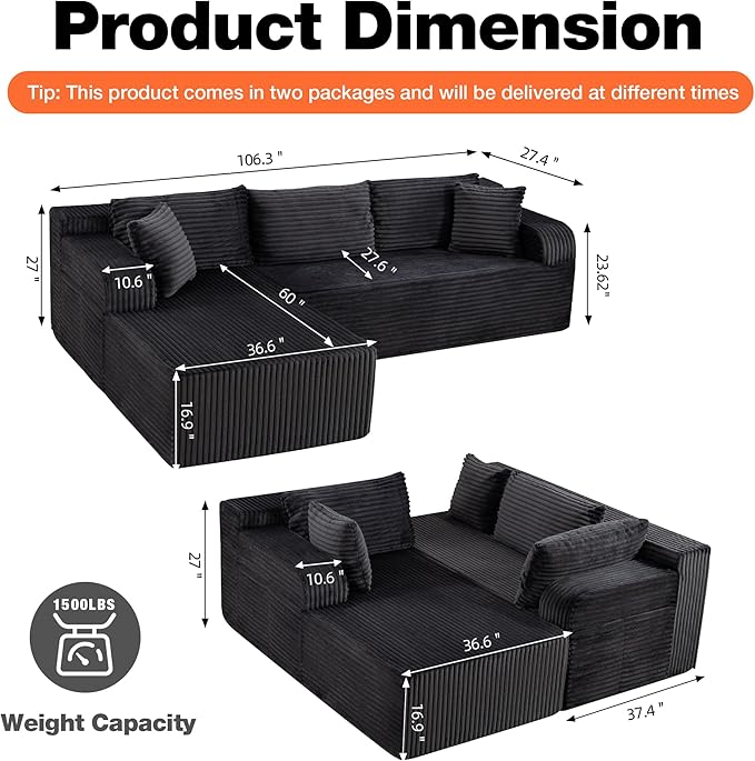 TonghuaS 106” Cloud Modular Sectional Sofa with L-Shape Chaise and Deep Seat, Corduroy Memory Foam Boneless Compressed Couch for Living Room, No Assembly Required(Left Facing Chaise, Dark Grey)