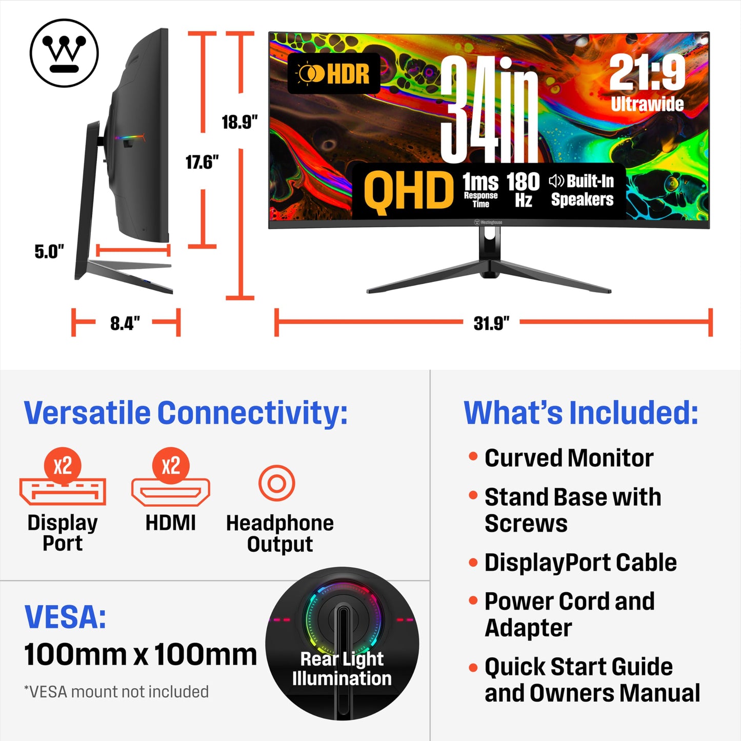 Westinghouse 34 Inch Curved Gaming Monitor, 2K Ultra-WQHD(3440x1440P), AMD FreeSync Premium, 3000:1 Contrast Ratio, 122% sRGB, 180Hz, 1ms, 1500R, Eyecare, Built-in Speakers, DisplayPortx2, HDMIx2