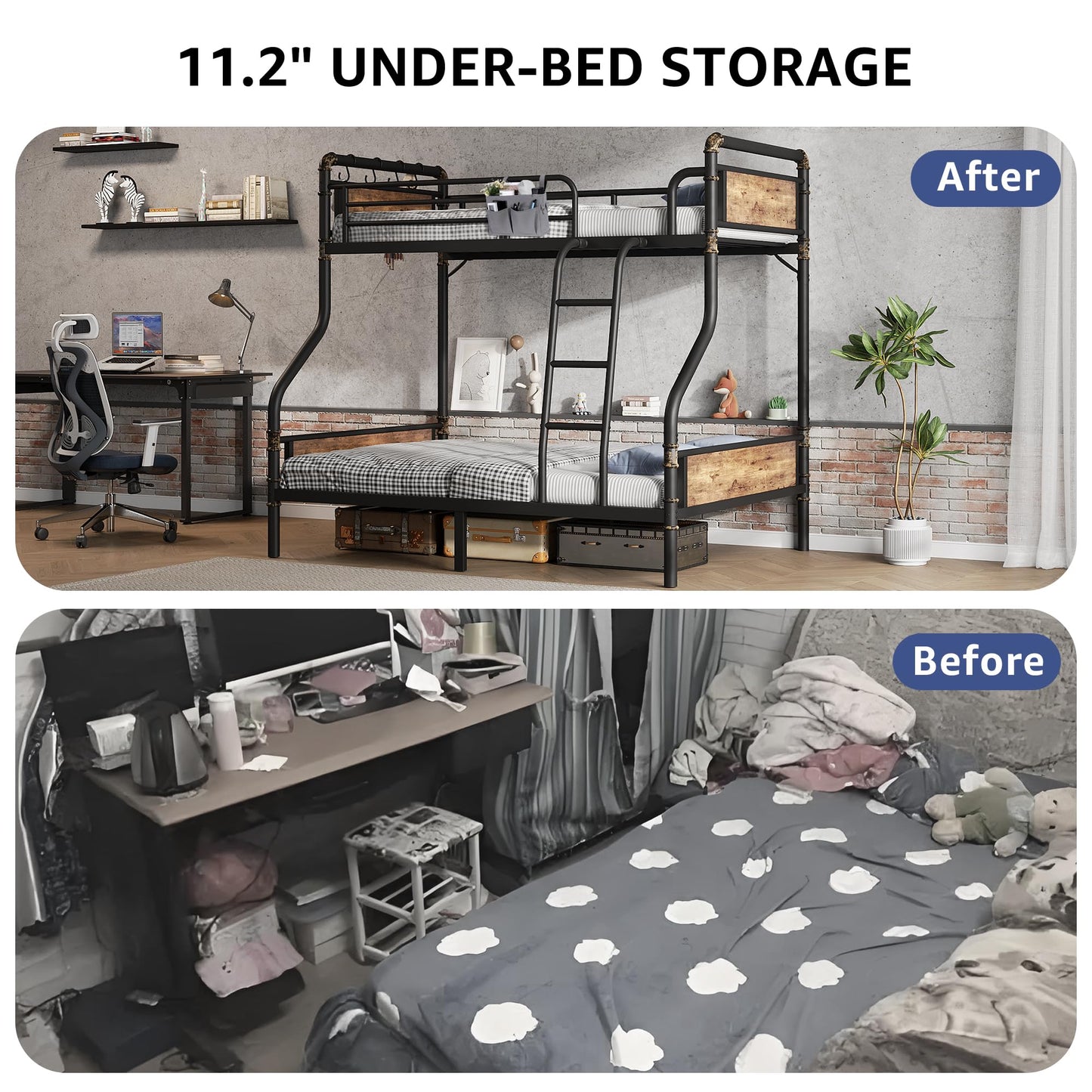 Bunk Bed Twin Over Full, Heavy Duty Metal Bunkbeds with Ladder and Full-Length Guardrail, Convertible into 2 Individual Beds for Kids, Teens and Adults, Under-Bed Storage Space, Vintage Brown