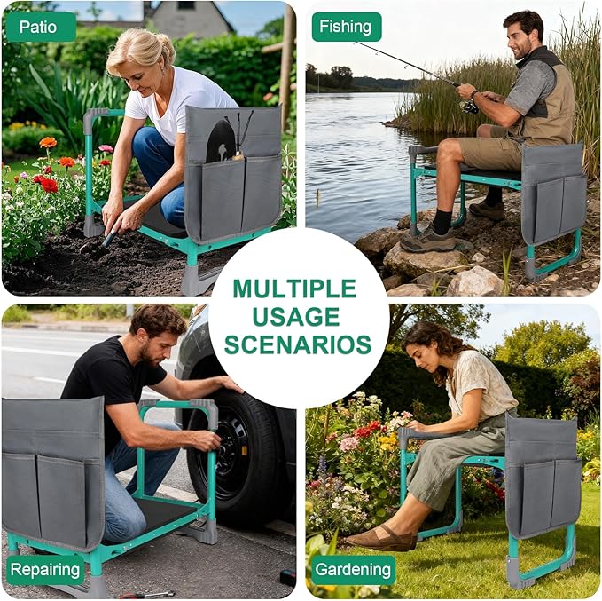 WEILISEN Garden Kneeler and Seat, 2-in-1 Foldable Garden Bench with Non-Slip EVA Foam Pad, Storage Bags, Glove, Portable Gardening Stool for Kneeling & Sitting, Ideal for Gardeners, Patio, Fishing