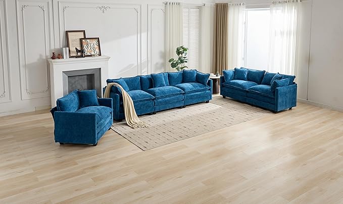 SoarFlash 113.78" Chenille Sectional Sofa, Comfy L Shaped Modular Coush Sofa with Ottoman, Modern 4 Seat Couch Deep Seat Sofa Set for Living Room,Blue