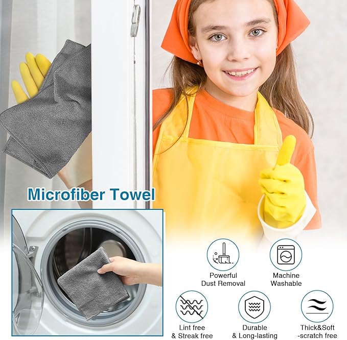 Macarrie 200 Pieces Microfiber Cleaning Cloths Bulk Absorbent Microfiber Towels Reusable Lint-Free Streak Free Wash Rags for House Kitchen Office Restaurants Bar Shop Car, 12 x 12 Inches (Gray)