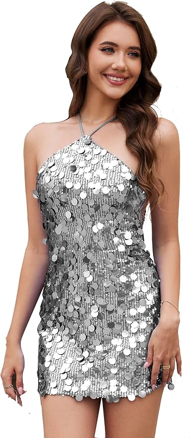 MIQILADUNA Women's Mini Glitter Sequin Homecoming Dress Spaghetti Strap Halter Party Short Cocktail Dress