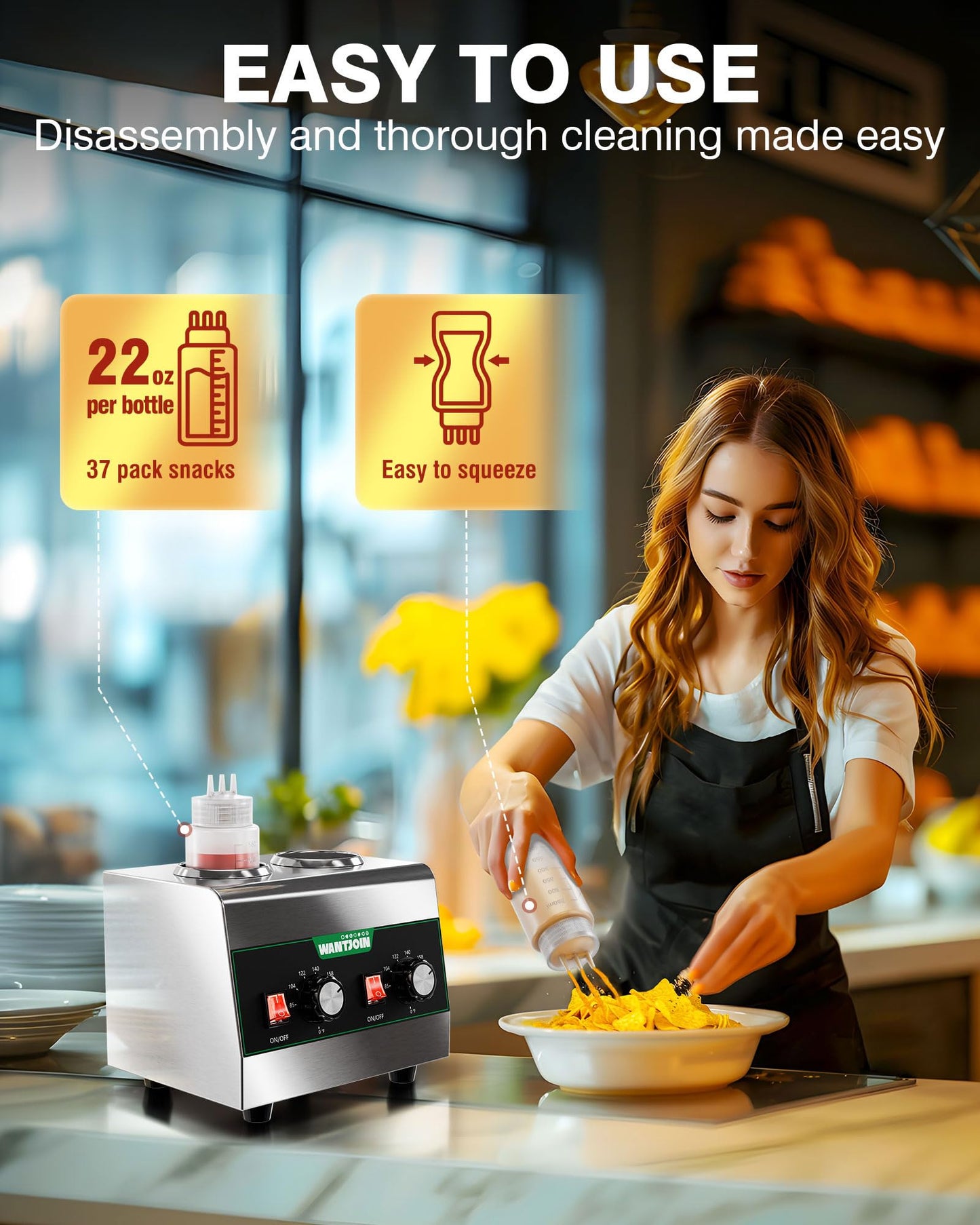 WantJoin Electric Sauce Warmer Dispenser Countertop Stainless Steel Sauce Heat Preservation Machine Hot Fudge Nacho Cheese Ketchup Chocolate Warmer for Commercial with 650ml Squeeze Bottle*2