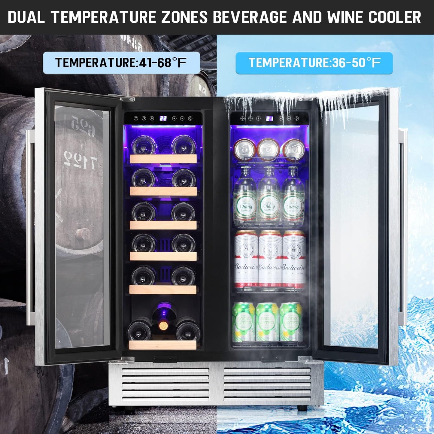 Antarctic Star Wine Fridge,15 Inch Wine Cooler Refrigerator Under Counter(41-68°F),28 Bottles Built-in Dual Zone &Freestanding Wine Refrigerator with Stainless Steel & Double-Layer Tempered Glass Door