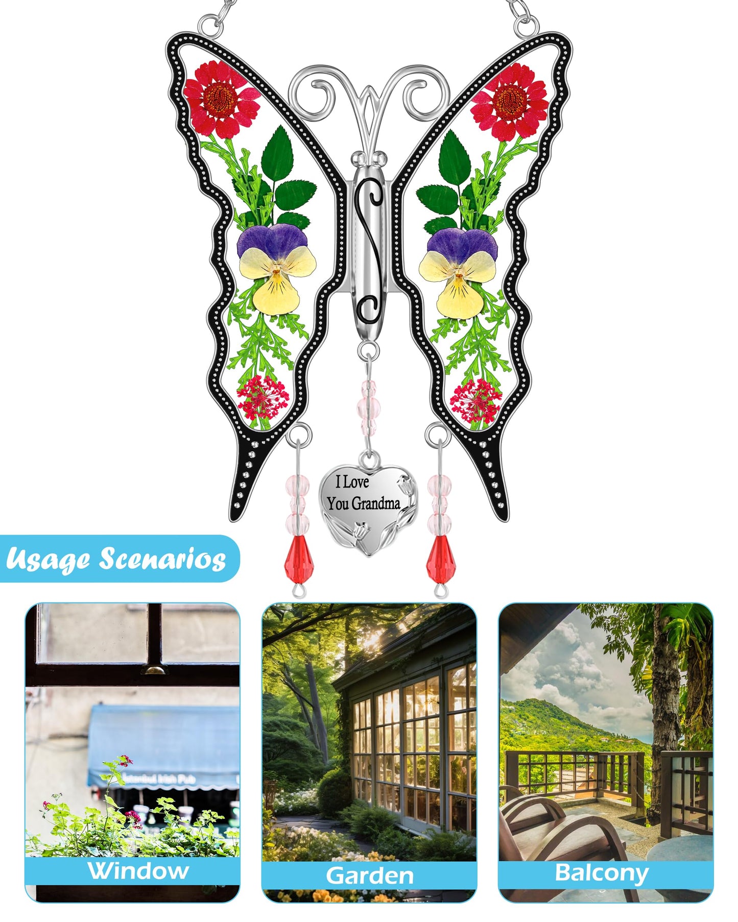 KY&BOSAM Gifts for Women I Love You Grandma Butterfly Suncatcher Stained Glass Suncatchers for Window Hanging Home Decor Garden Wind Chimes Birthday Gifts for Women Mothers Day Valentine's