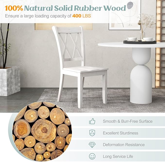 Giantex Wood Dining Chairs Set of 4 White, Rustic Armless Kitchen Chairs w/Rubber Wood Frame, Cross Back, Contoured Seat, Farmhouse Wooden Side Chairs, High Back Kitchen Chairs for Home Dining Room