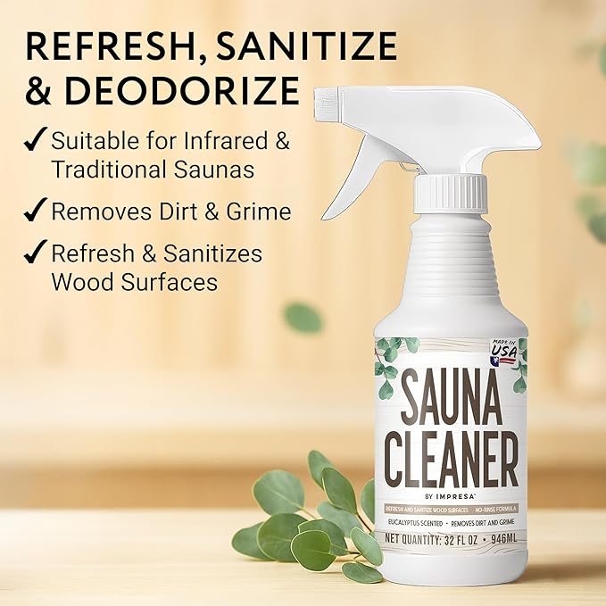 IMPRESA 32oz Sauna Cleaning Spray – All Purpose Eucalyptus Wood Cleaner Spray for Home Sauna, Spa, Steam Room & Gym – Natural Multipurpose Surface Cleaner Bottle – Gentle Ingredients Tough on Grime
