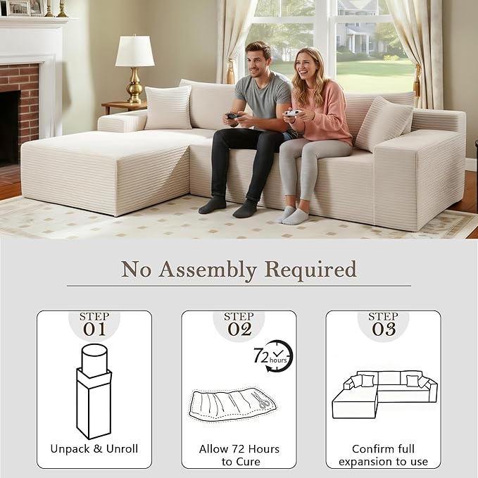 105’’ L-Shape Modular Sectional Sofa with Chaise, Convertible Cloud Couch, Corduroy Fabric & High-Density Memory Foam, No Assembly Required for Living Room (Beige, Left Facing Chaise)