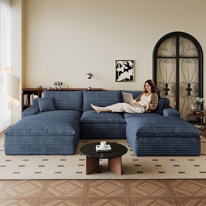 107" Cloud Sectional Couch U-Shaped Chaise with Ottoman, Corduroy Boneless Couch for Living Room Bedroom, Deep-Seat Upholstered Modular Cloud Sofa, No Assembly Required (Blue, Left Facing Chaise)