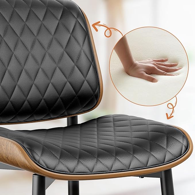 YaFiti Dining Chairs Set of 4, FSC Certified Mid Century Modern Accent Dining Room and Kitchen Chairs, Upholstered PU Leather Diamond Check Chairs with Walnut Bentwood and Metal Legs, Black