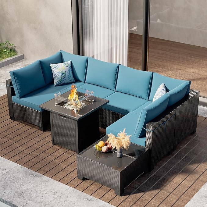 Ophelian 8 Piece Wicker Patio Furniture Set with Fire Pit Table, Rattan Outdoor Sectional Sofa, Patio Couch Set for Backyard, Garden, Deck (Coffee/Peacock Blue)