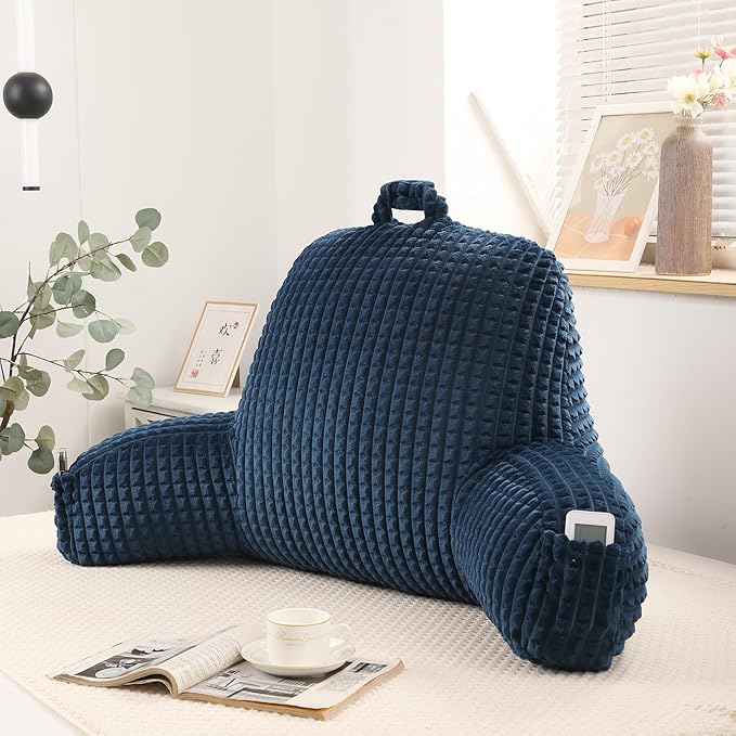 PAJEO Reading Pillow for Sitting in Bed, Large Backrest Reading Pillow with Arm Rest,Back-Rest Support Cushion for Sit Up on Couch, Sofa, and Floor(Dark Blue Flannel, Large(19"))